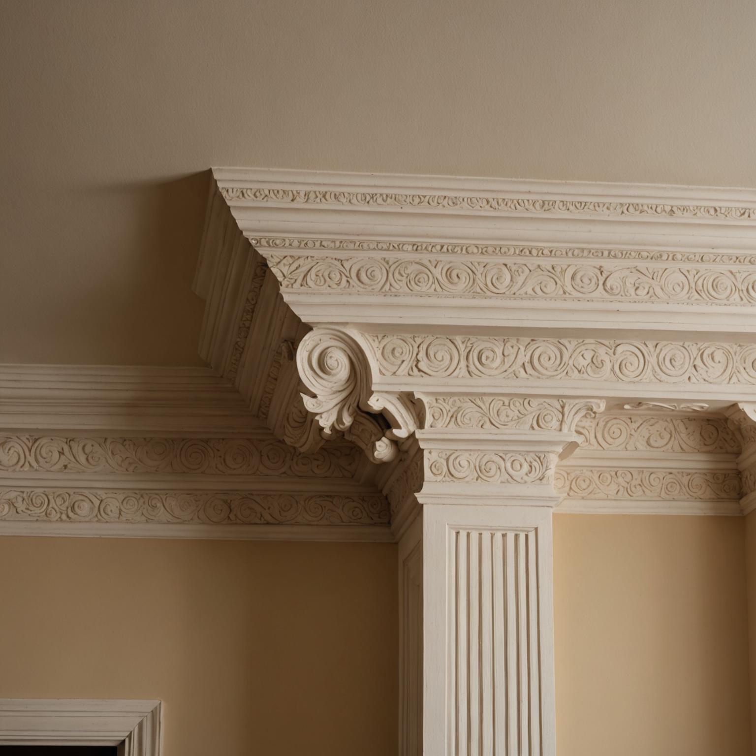 Detail of an ornate plaster cornice meeting a beige wall.