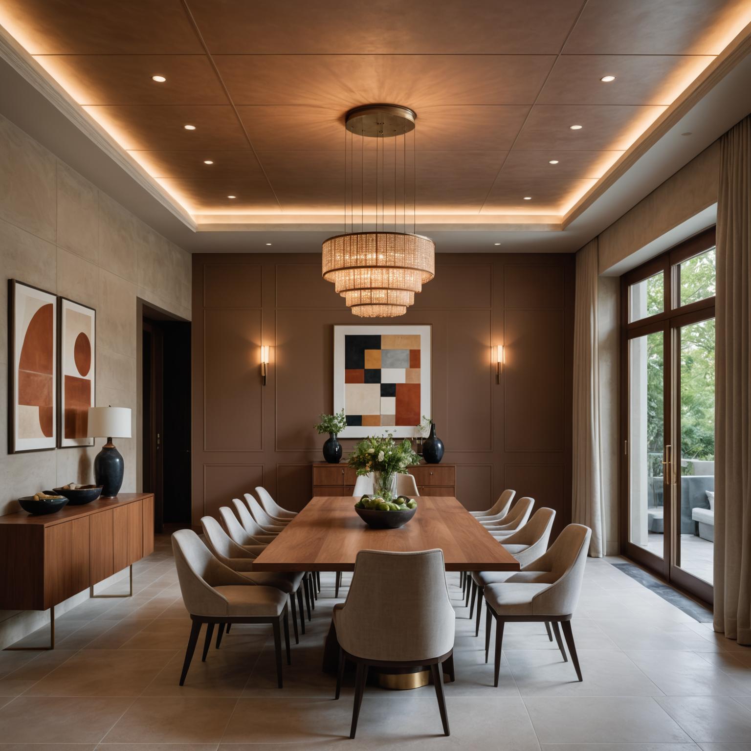 Dining room with coffered plaster ceiling.