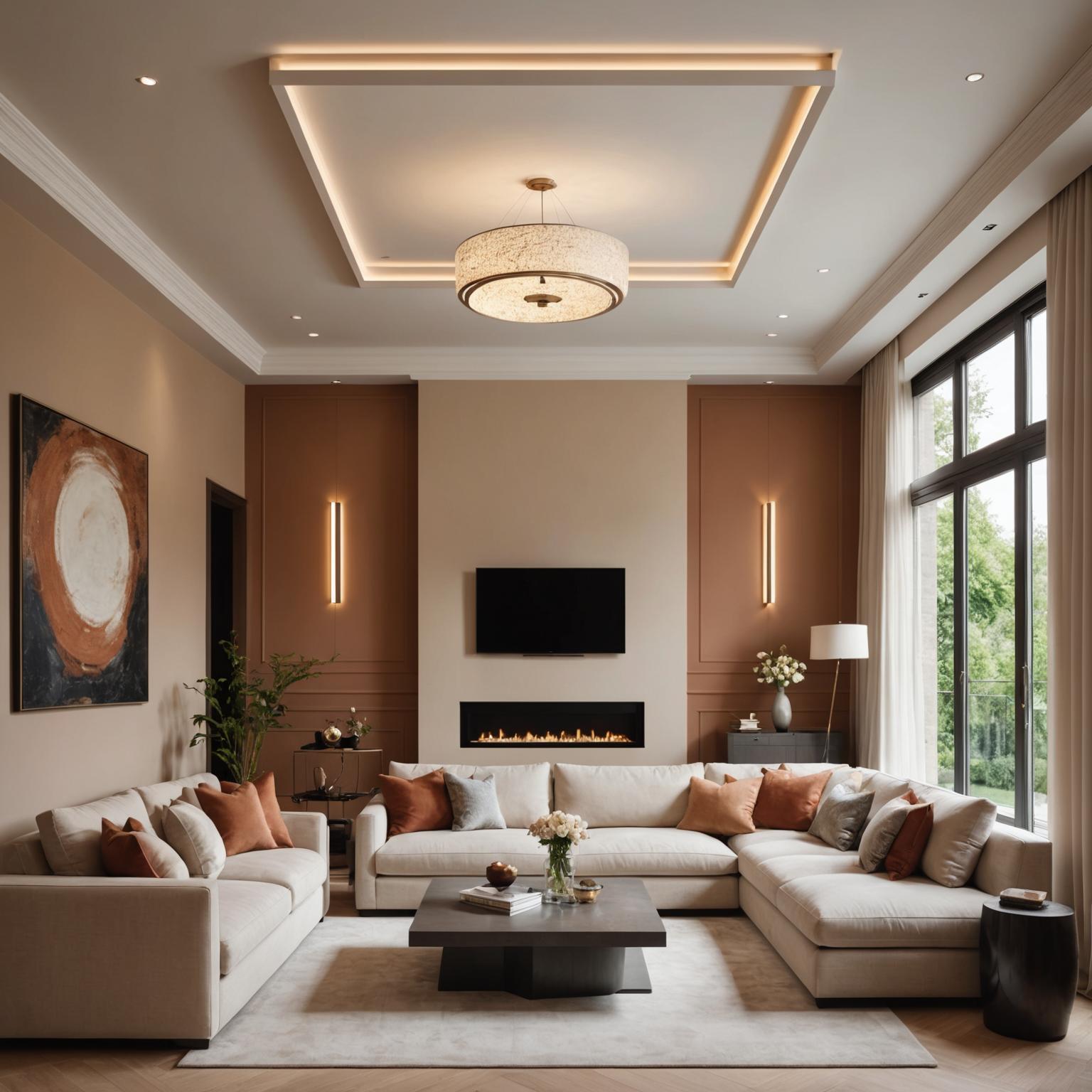Modern living room with smooth plaster ceiling and warm LED cove lighting.