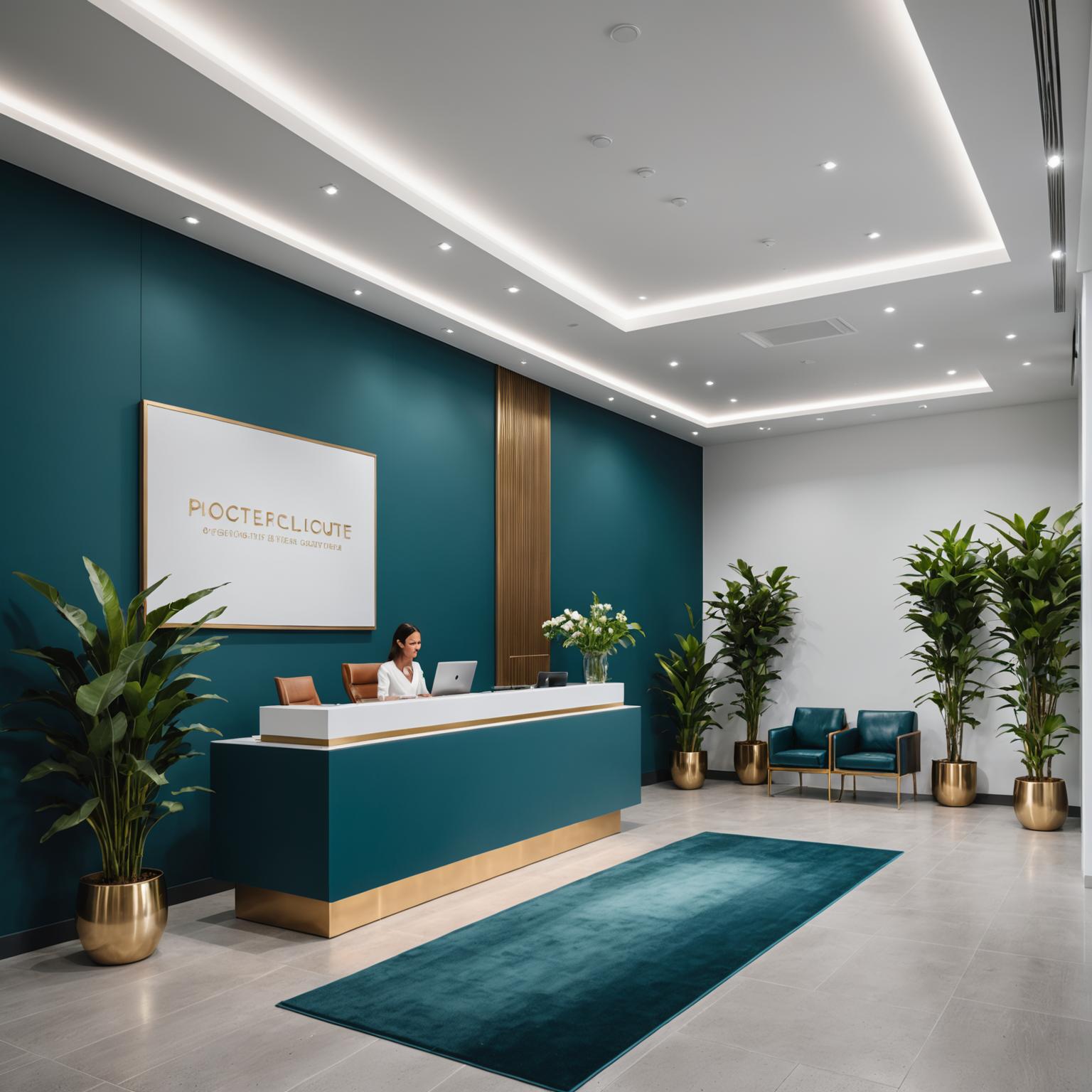 Modern office reception with suspended plaster baffles.